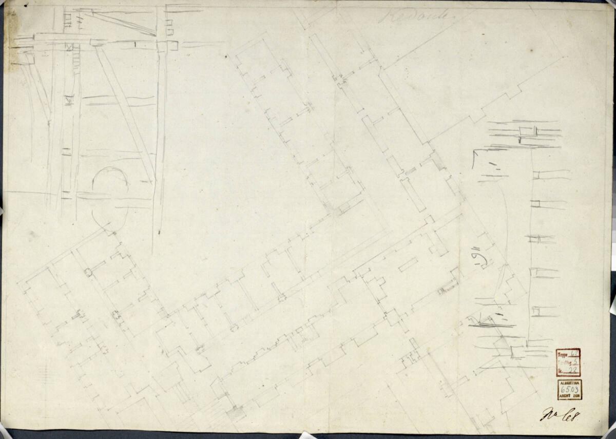 Wien I, Hofburg (?), Detailgrundriss, Hofbibliothek (?), Skizze zur Konstruktion des Dachstuhls…