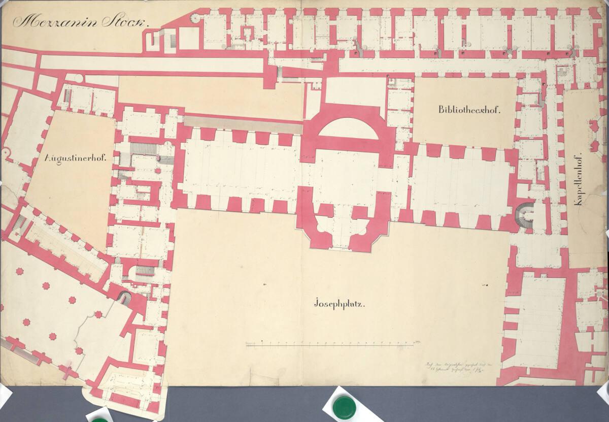 Wien I, Hofburg, Gesamtplan, Hofbibliothek und angrenzende Trakte, Mezzanin, Grundriss, Inv. Nr…