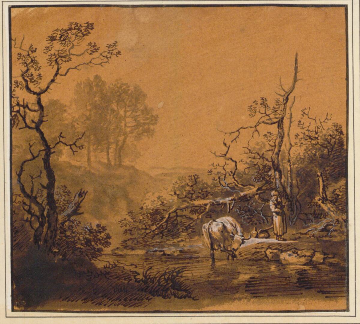 Bauersfrau mit Kuh an Bach, Johann Georg Wagner