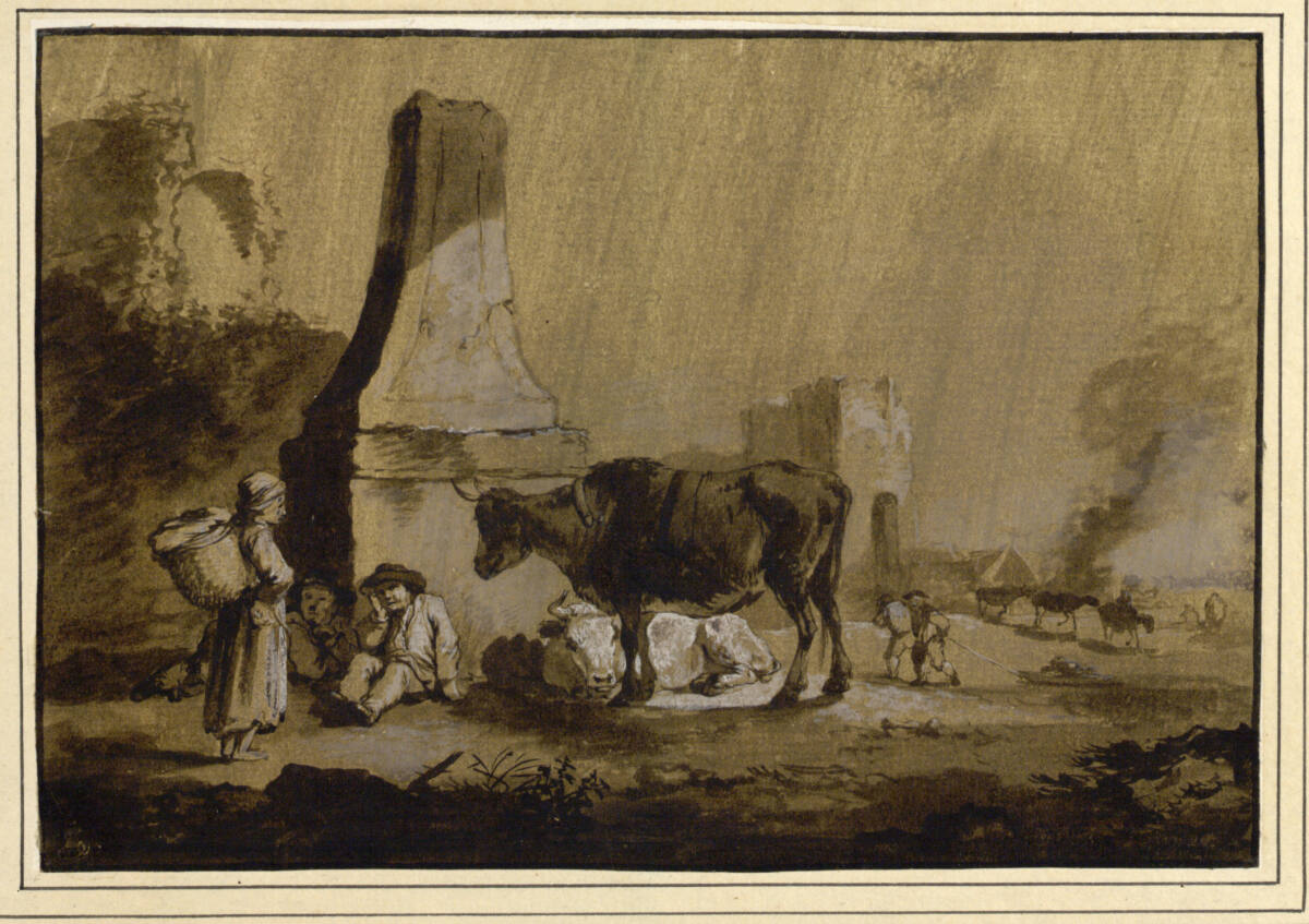 Hirten mit ihren Rindern vor ruinösem Obelisk, Johann Georg Wagner