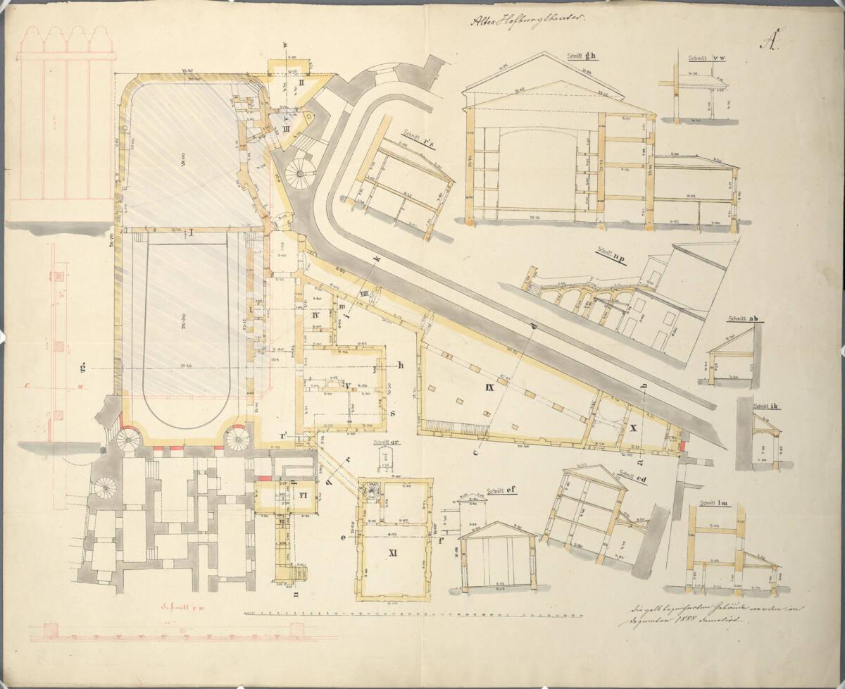 Wien I, Hofburg, Altes Burgtheater, Grundrisse und Schnitte anlässlich der Abbrucharbeiten, Inv…