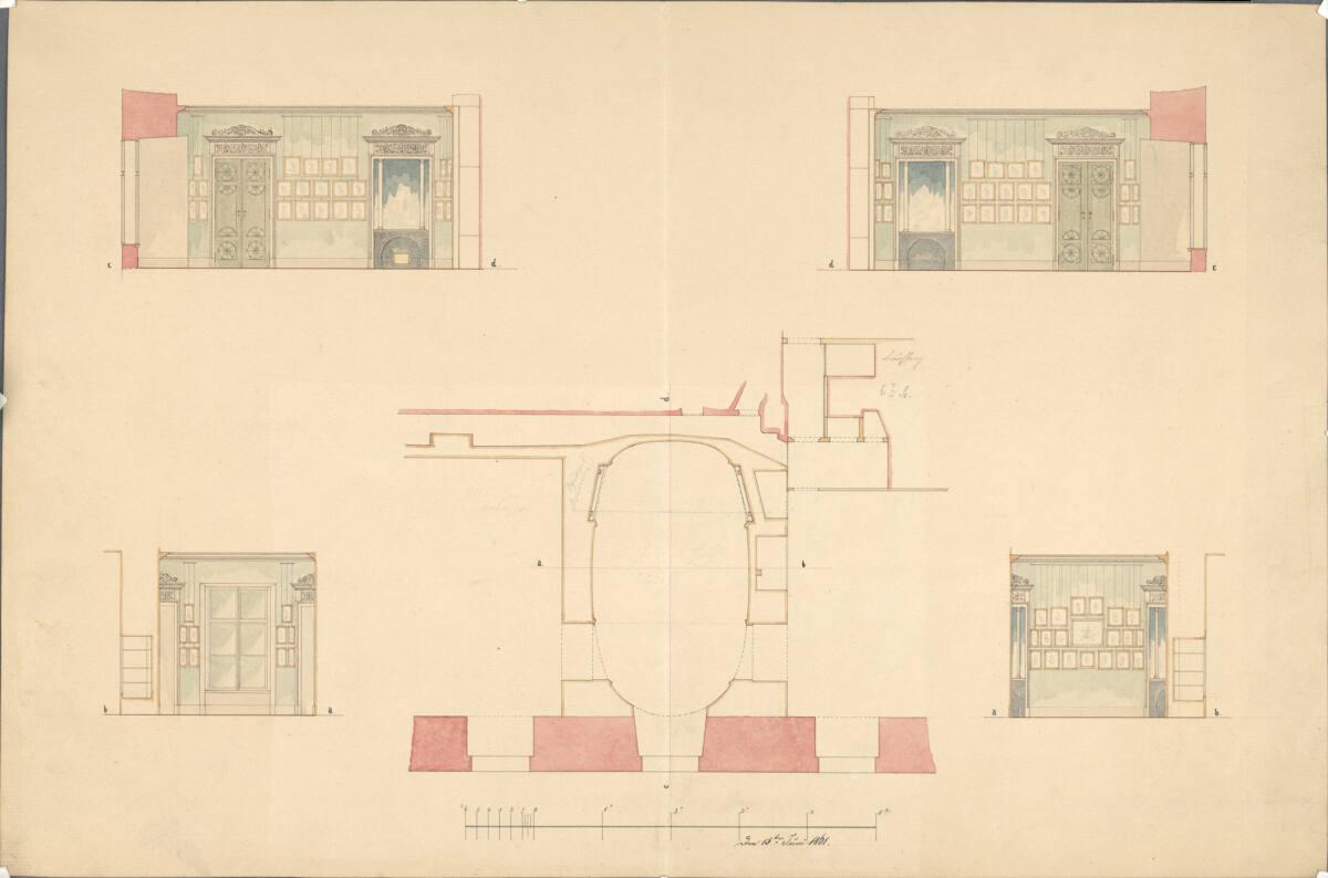 Wien I, Hofburg, Leopoldinischer Trakt (?), ovales Kabinett, Grundriss, Wandabwicklung, Inv. Nr…