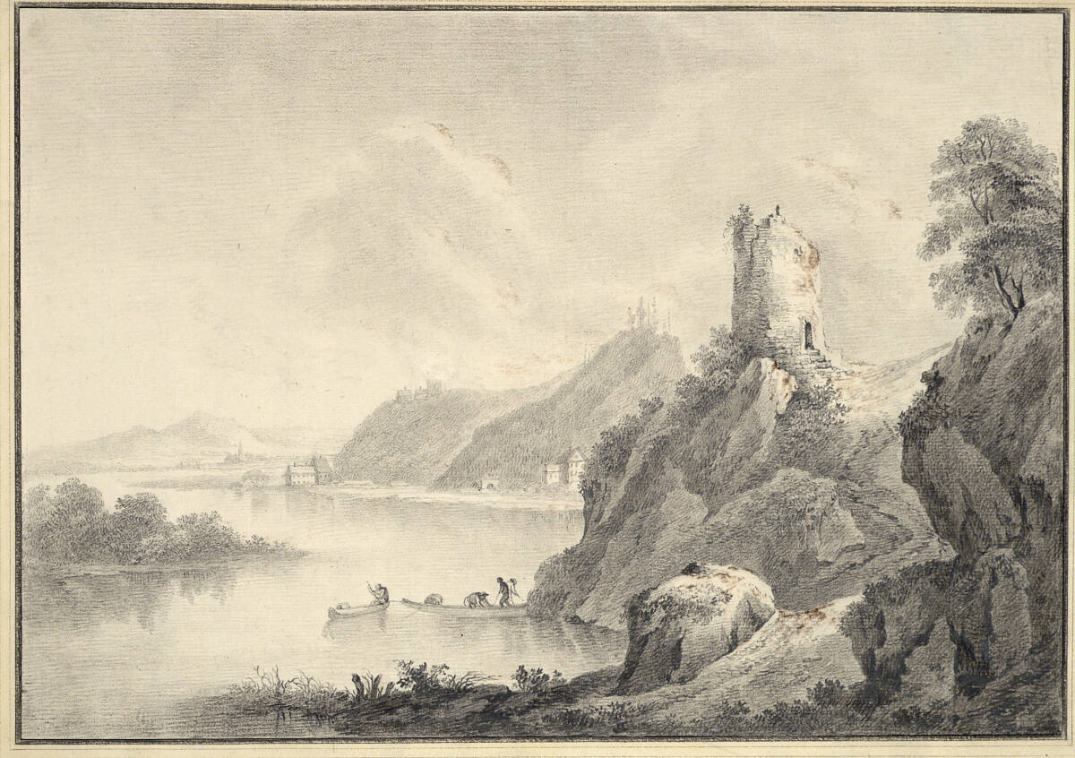 Turmruine auf einem Felsen am Rheinufer, Franz Schütz