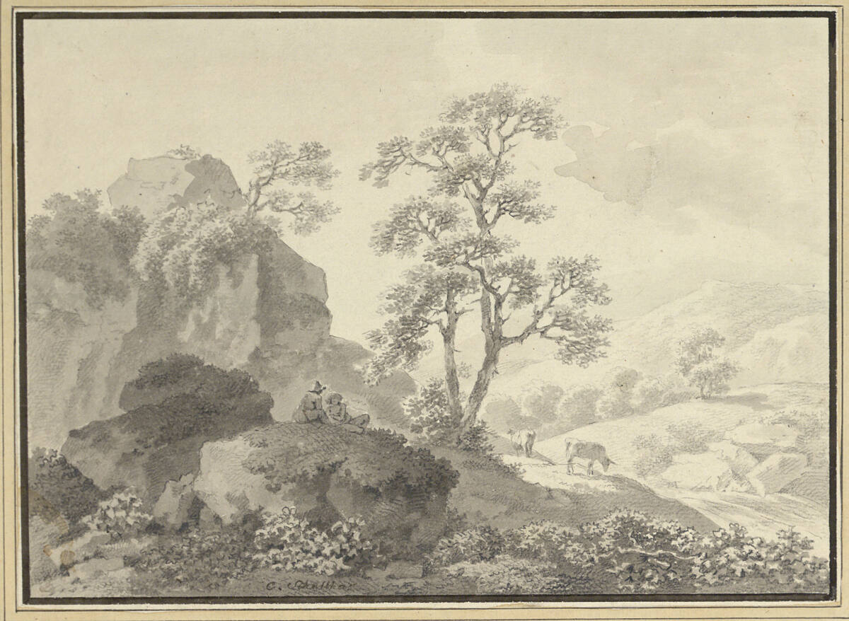 Paysage montagneux où l'on remarque vers la droite deux paysans assis, Carl Philipp Schallhas