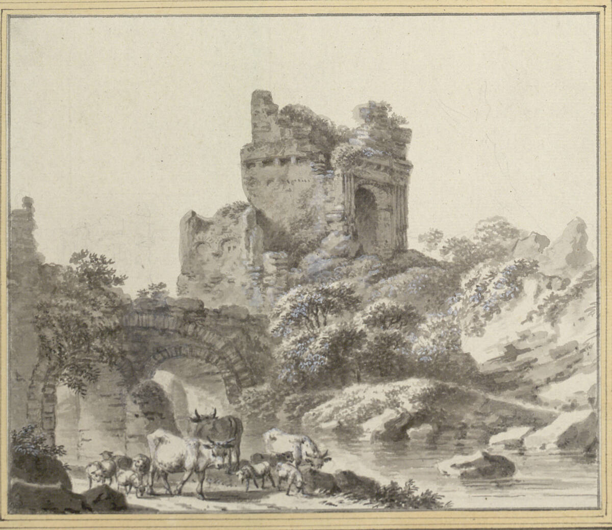 Paysage montagneux offrant les ruines d'un chateau près d'une petite rivière coupée par un pont à deux arches, Carl Philipp Schallhas
