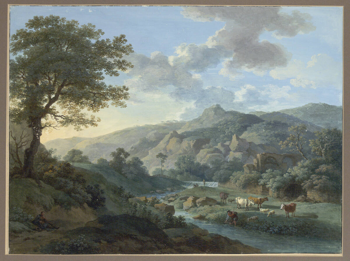 Paysage montagneux, on remarque à gauche un Arbre de haute futaye et à droite un troupeau au bord d'un torrent, Carl Philipp Schallhas