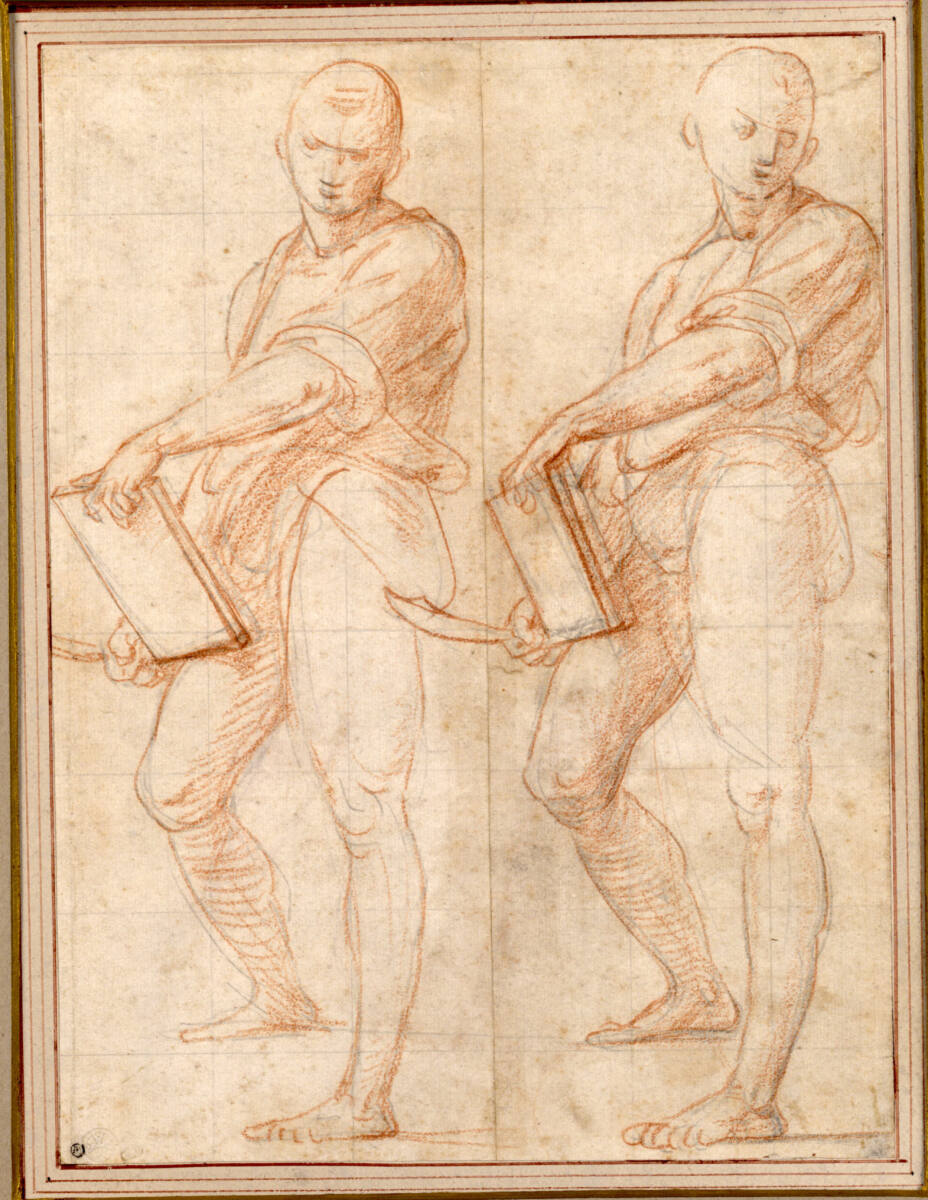 Zwei Studien eines stehenden Mannes mit Buch und Messer nach links, Fra Bartolomeo