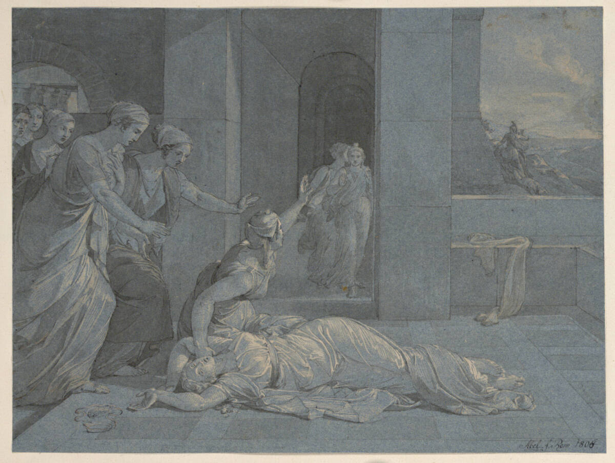 Andromaque tombant évanouie à la vue du corp mort à Hector attaché au char d'Achille et trainé au tour de la ville, Josef Abel, 1806