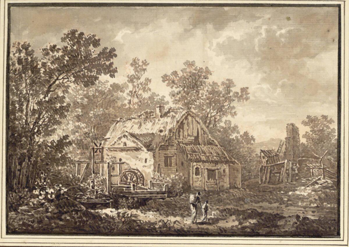 Johann Sebastian Bach, Mühle zwische Bäumen und Ruine eines Bauernhauses; Figurenstaffage, Inv.…