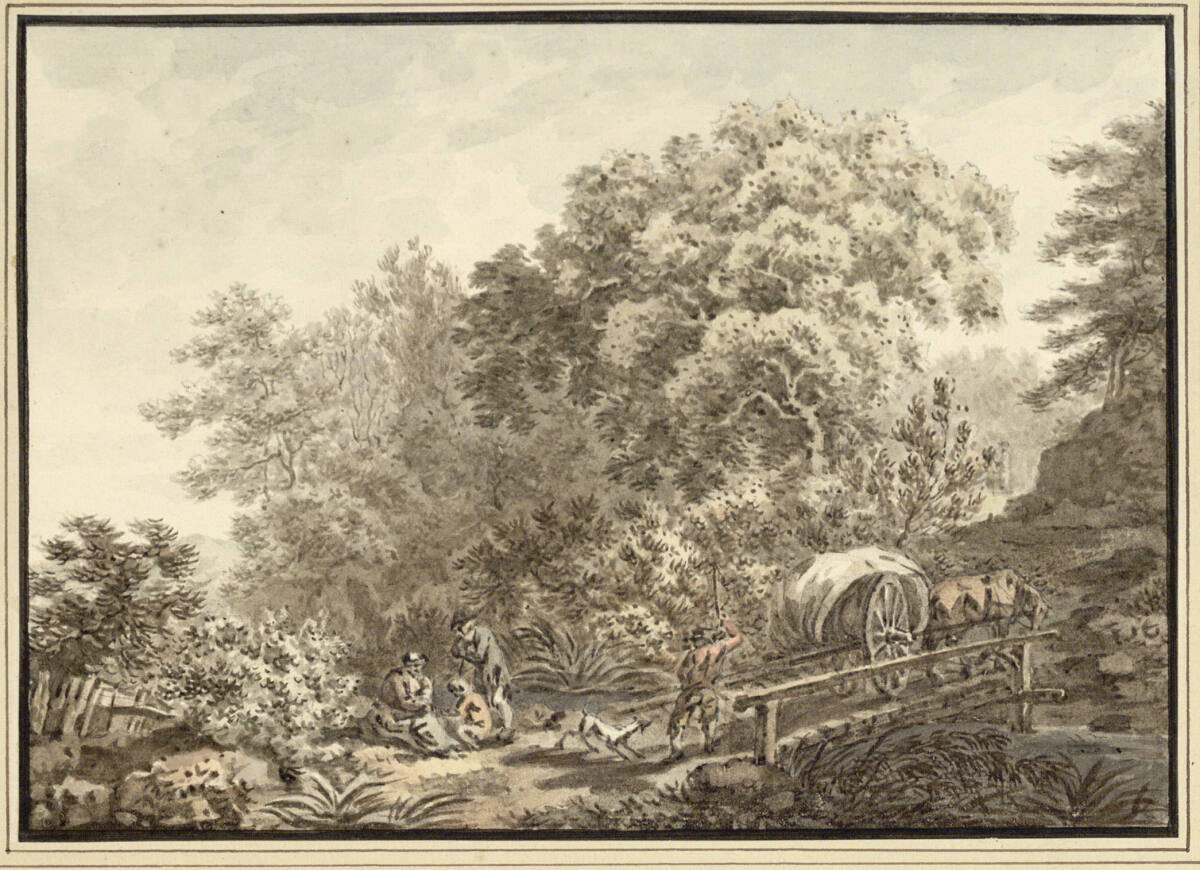 Landschaft mit einem Fuhrwerk auf einer Brücke und rastender Bauernfamilie, Иоганн Себастьян Бах, 1770–1772
