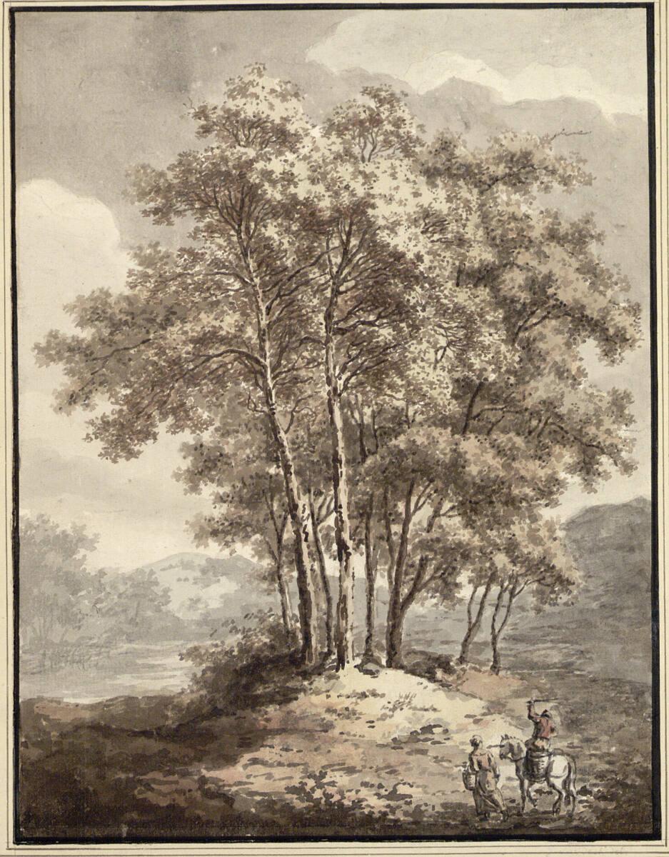 Johann Sebastian Bach, Landschaft mit Baumgruppe; im Vordergrund Bäuerin und ein Bauer zu Pferd…