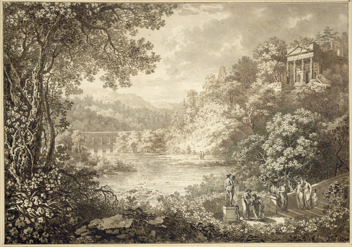 Ideale Flusslandschaft mit Aquädukt und Tempelanlage; im Vordergrund opfernde Frauen, Иоганн Себастьян Бах, 1776