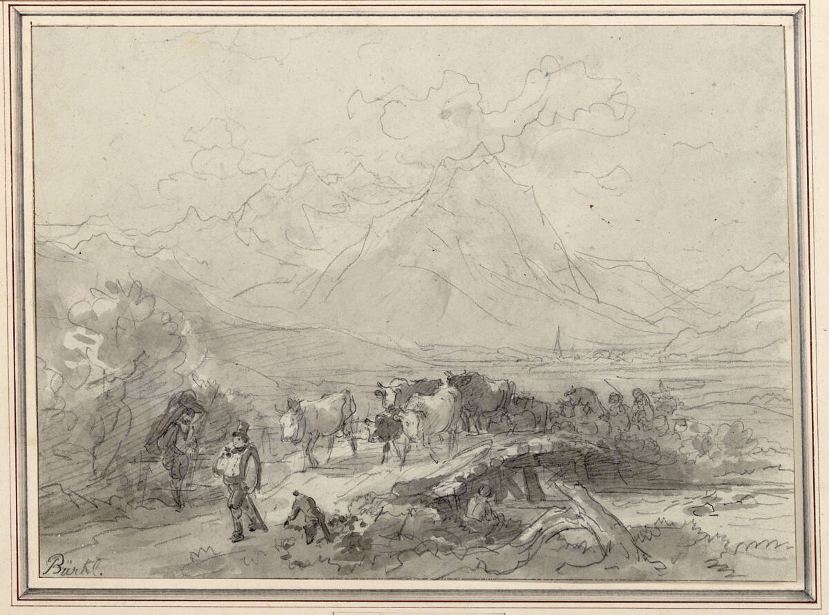 Heimziehende Kuhherde auf der Loisachbrücke, im Hintergrund Garmisch Partenkirchen und das Wettersteingebirge, Heinrich Bürkel