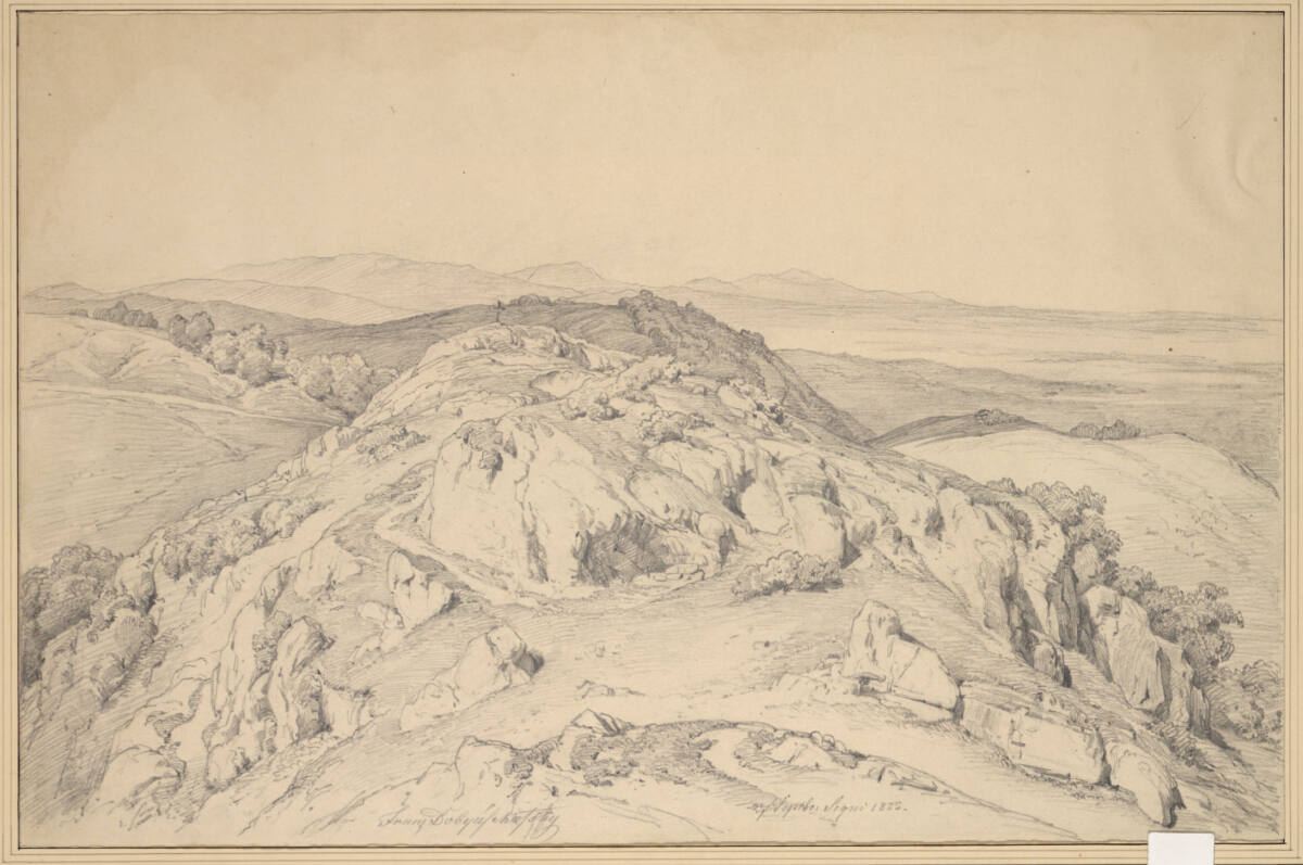 Segni; eine Bergspitze auf der ein Kreuz steht mit Ausblick auf das weite Land, Franz Joseph Dobyaschofsky, 1855