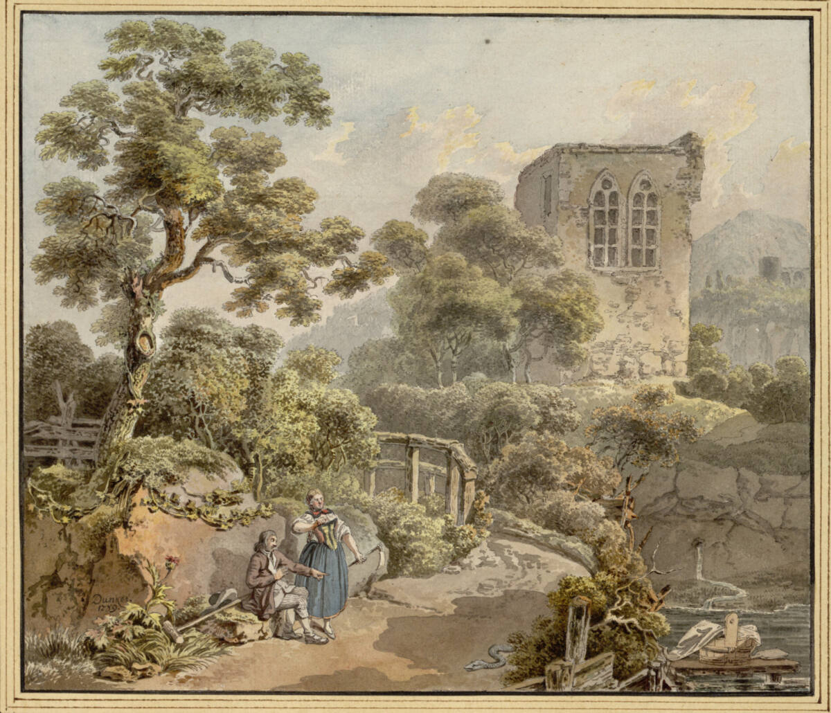 Landschaft mit gotischer Turmruine an einem Gewässer, davor ein Bauernpaar, das vor einer Schlange erschrickt, Balthasar Anton Dunker, 1789