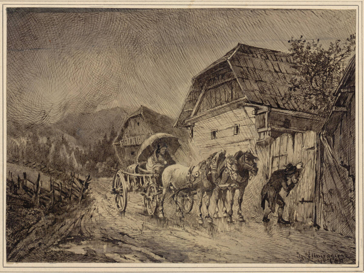 Armes Paar mit einem Fuhrwerk hält im Regen vor dem Tor eines Bauernhofes, Ignaz Ellminger, 1876