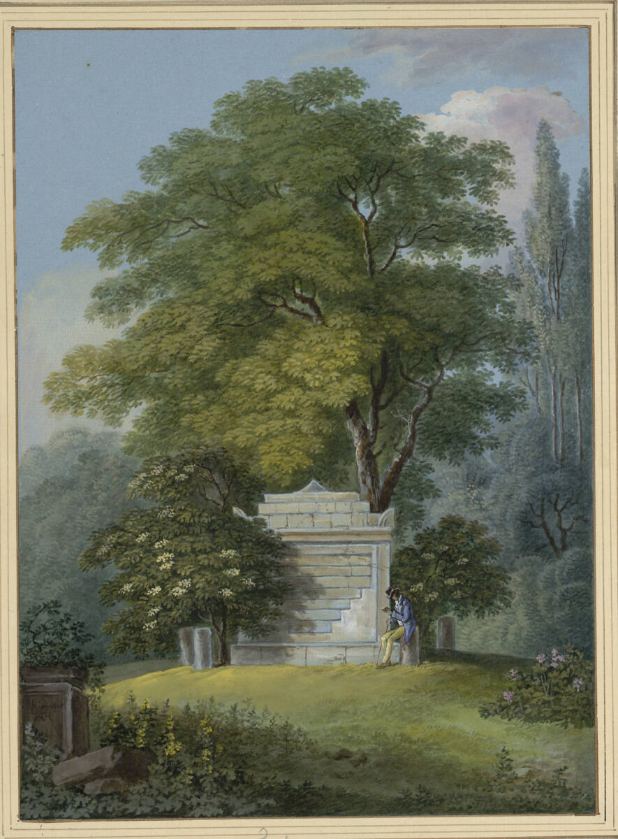 Lesender Herr an einem Grabdenkmal in einer Parklandschaft, J.Cointrell, 1817