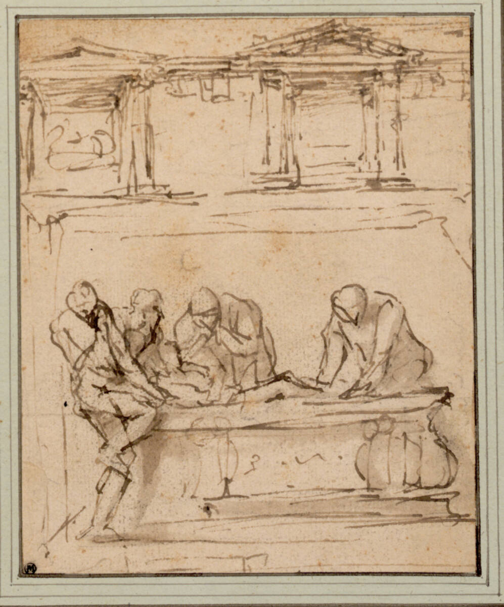 Vier Personen legen einen Toten ins Grab; Architekturskizze, Polidoro da Caravaggio, 1535
