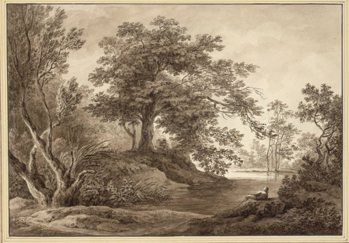 Waldlandschaft mit Weiher und Staffagefigur eines am Ufer liegenden Mannes, Franz Gabet, 1797