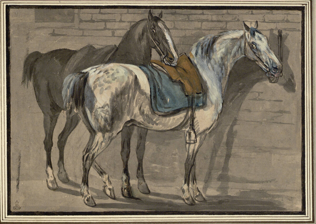 Zwei gezäumte und gesattelte Pferde an einer Mauer, Conrad Gessner, 1789–1796
