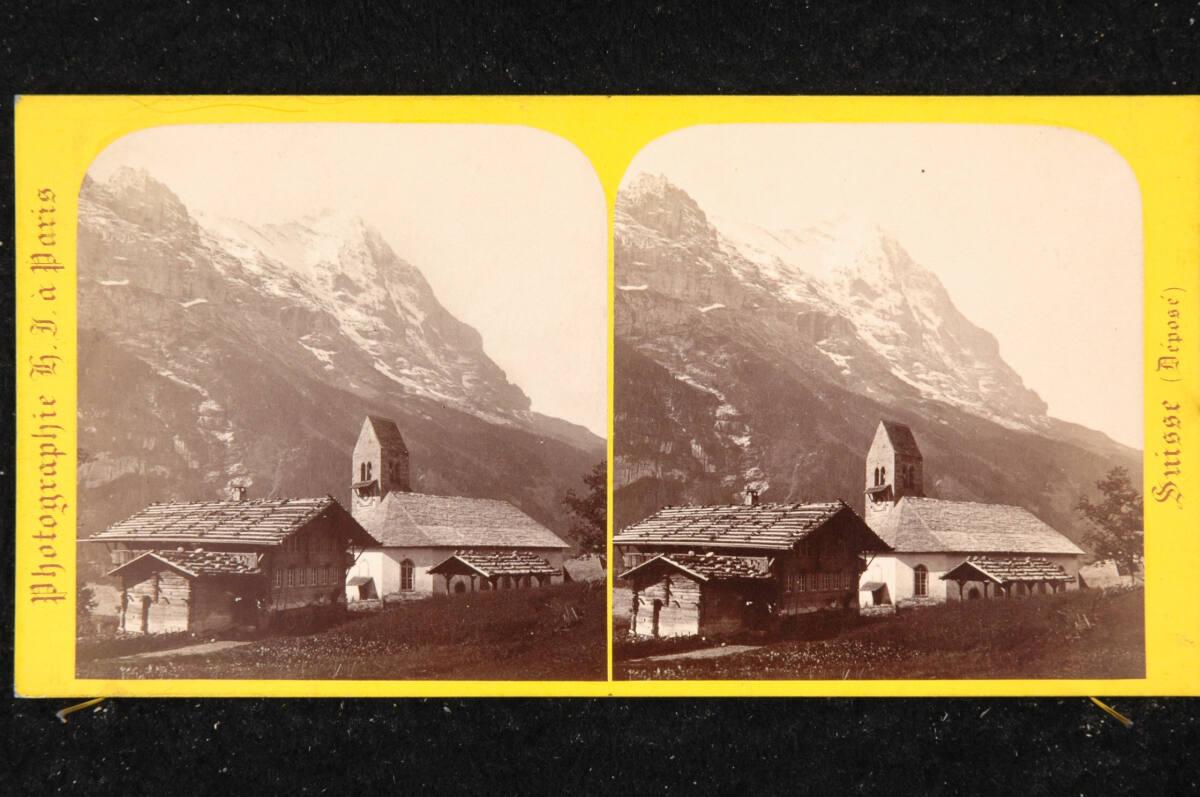 Hippolyte Jouvin, Kirche von Grindelwald mit dem Eiger im Hintergrund, Inv. Nr.: FotoGLV2000/19…