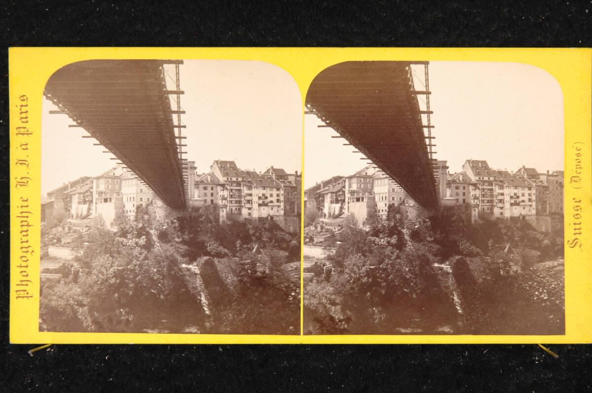 Hippolyte Jouvin, Hängebrücke über die Saane in Fribourg im Üechtland, Inv. Nr.: FotoGLV2000/19…