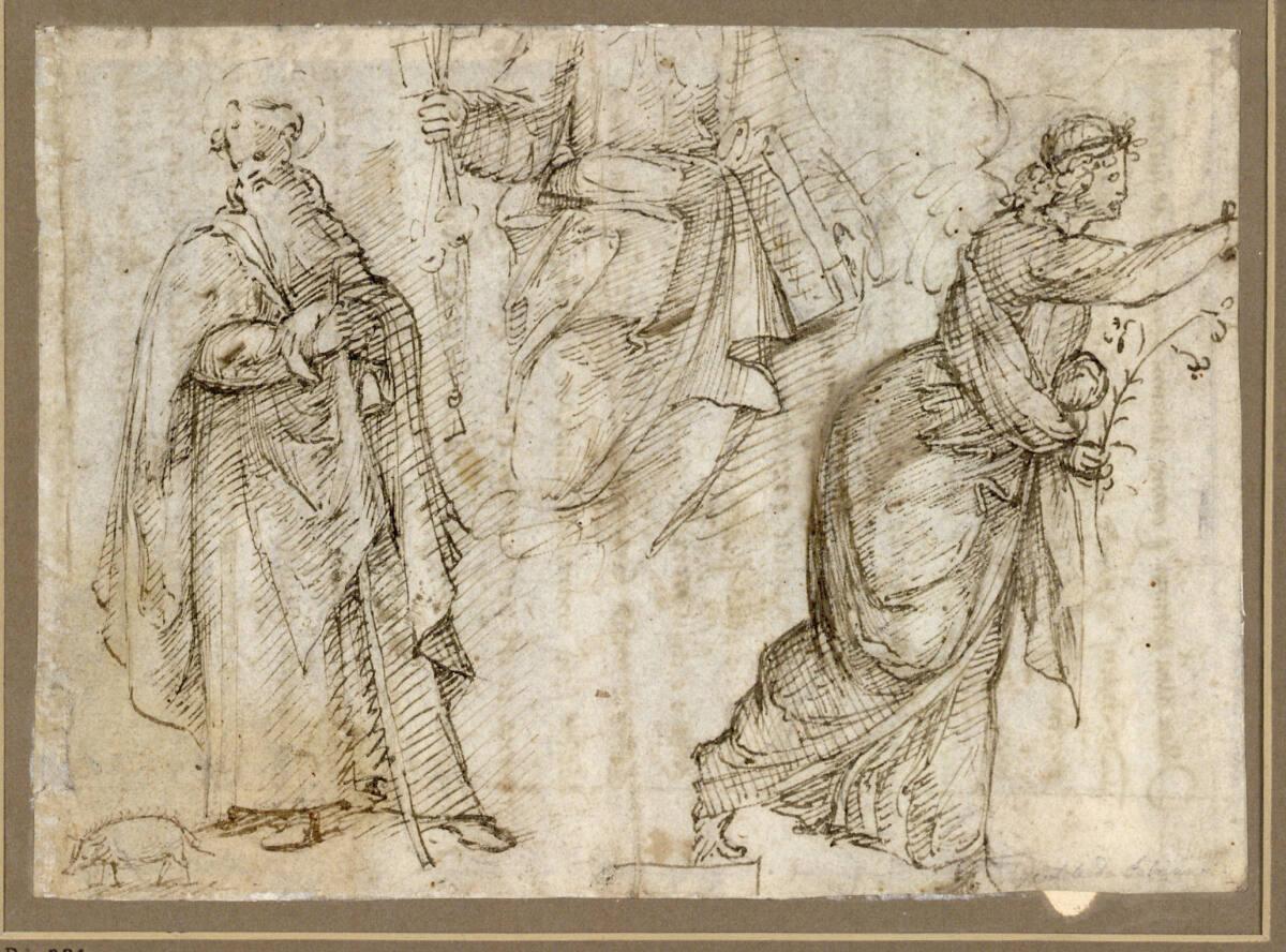 Anonym, Studienblatt. (In der Mitte Petrus, links S. Antonius Abbas, rechts der Verkündigungsen…