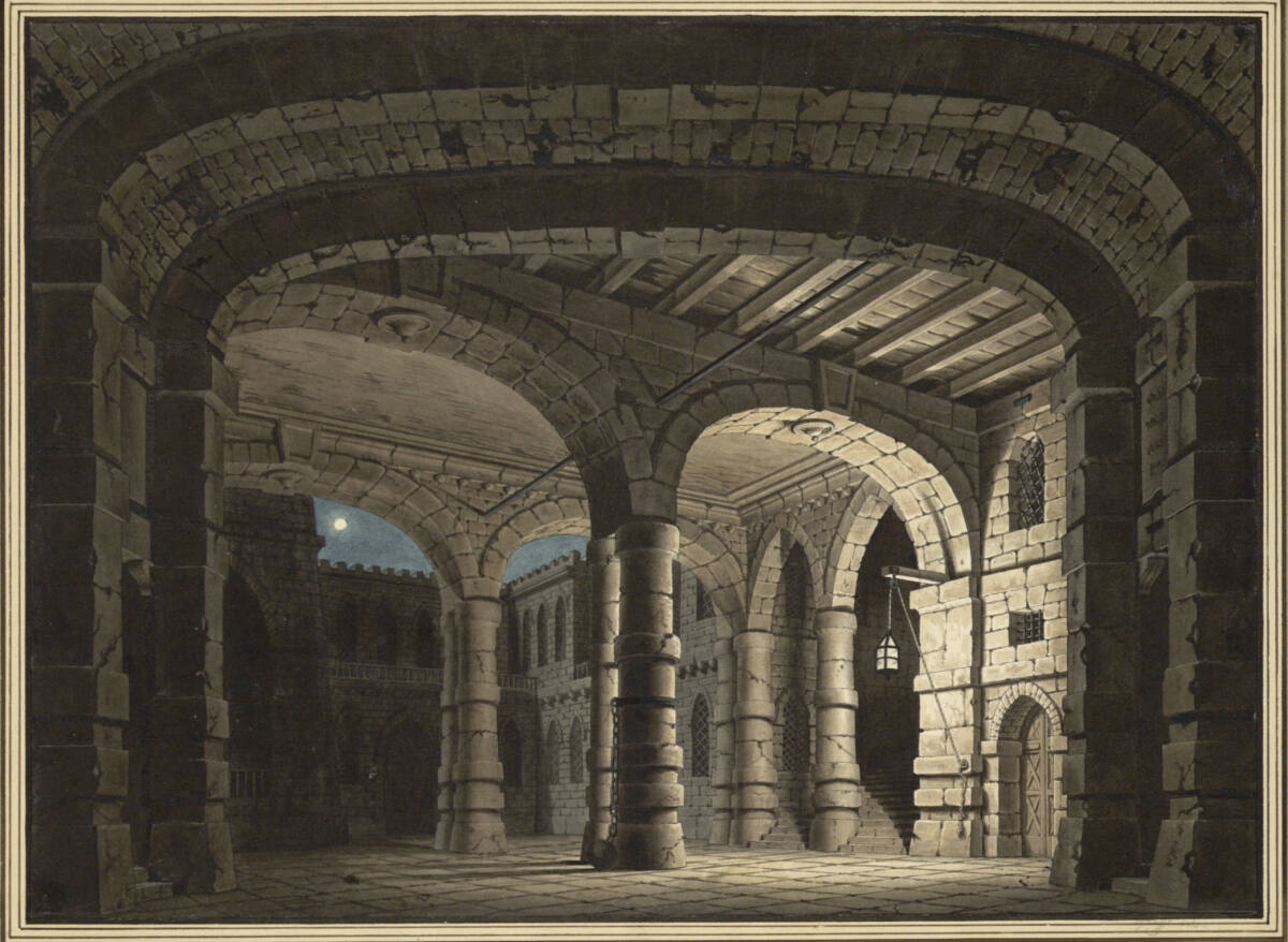 Bühnenbild: Vorhof, Vorhalle und Eingang eines Gefängnisses, AntonGraff