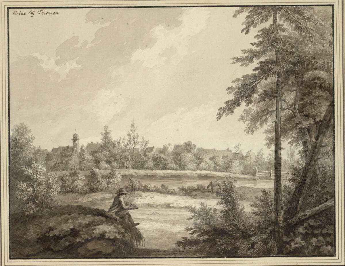 Blick auf "Krine bey Thiemen" mit einem Zeichner im Vordergrund, C. W. Griessmann, 1789