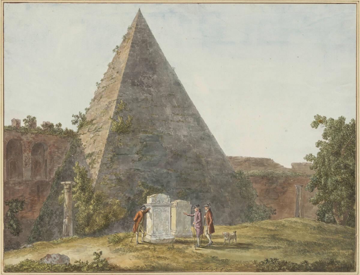 Jakob Philipp Hackert, Pyramide des Cestius mit einem Teil der römischen Stadtmauer; im Vorderg…
