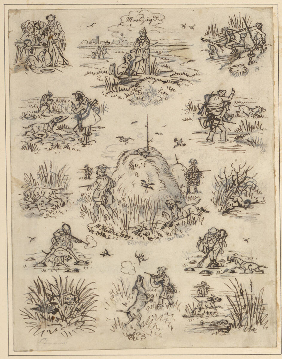 "Moosjagd" (13 Illustrationen auf einem Blatt), Max Haider, 1859
