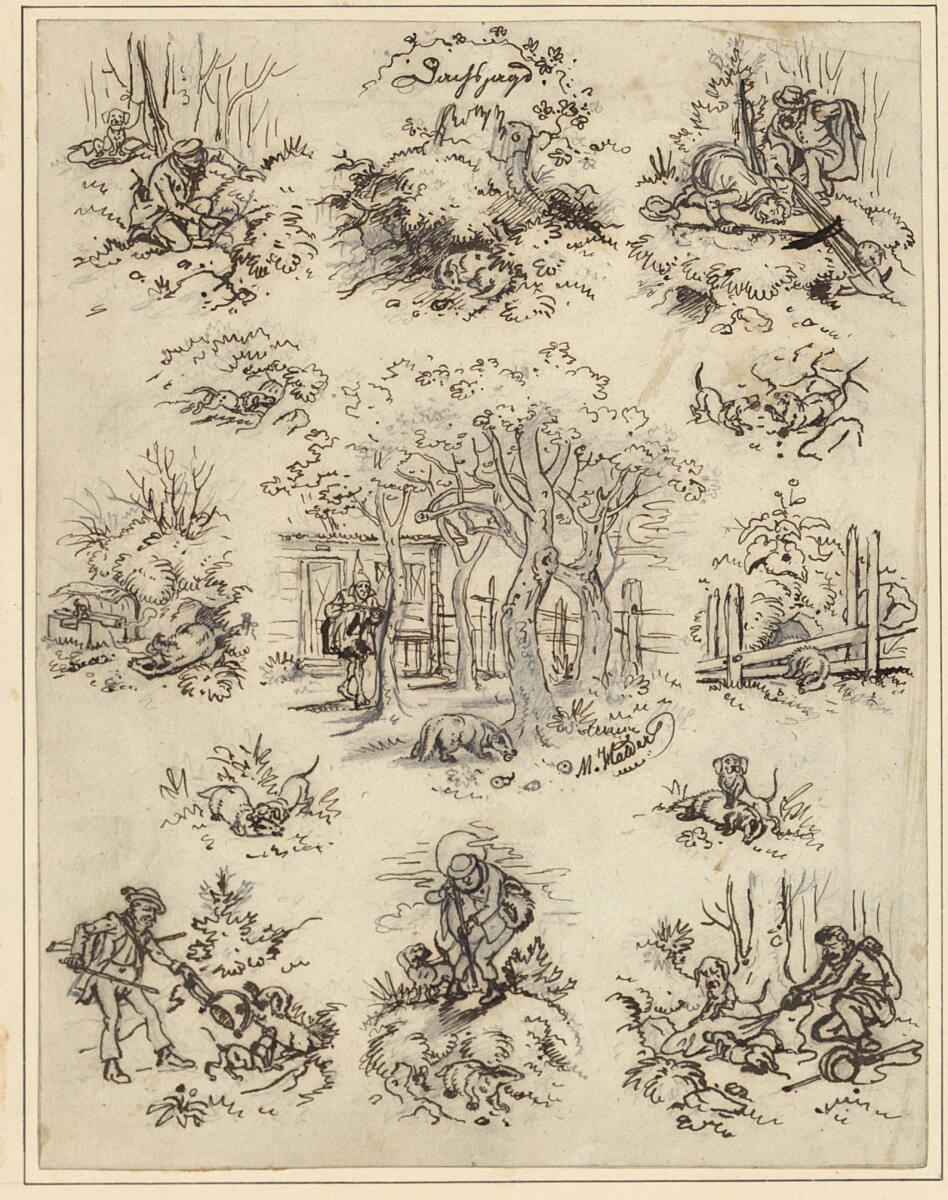 "Dachsjagd" (13 Illustrationen auf einem Blatt), Max Haider, 19th century