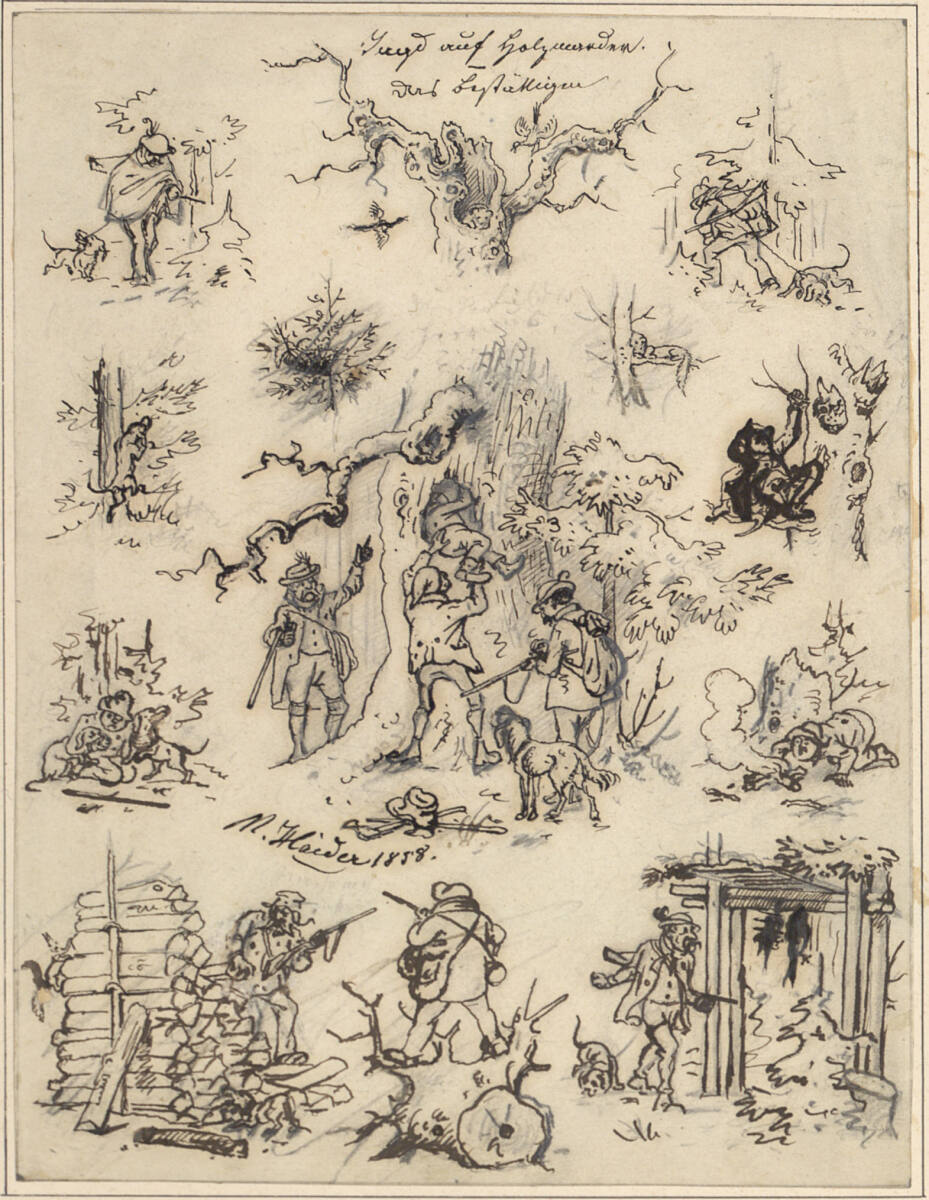 "Jagd auf Holzmarder. Das Bestäthigen" (13 Illustrationen auf einem Blatt), Max Haider, 1858