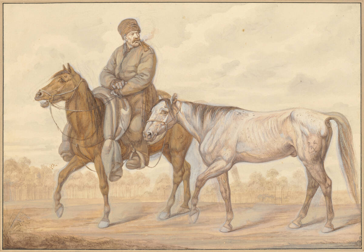Russischer Stallknecht zu Pferd, am Halfter ein graues tatarisches Pferd mit sich führend, Carl Adolph Heinrich Heß