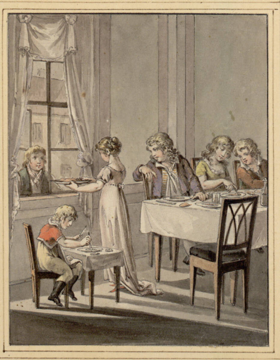 Illustrationsvorlage: Kinder bei der Mahlzeit; ein Knabe erscheint am Fenster und ein Mädchen reicht ihm einen Teller hinaus, Friedrich August Junge
