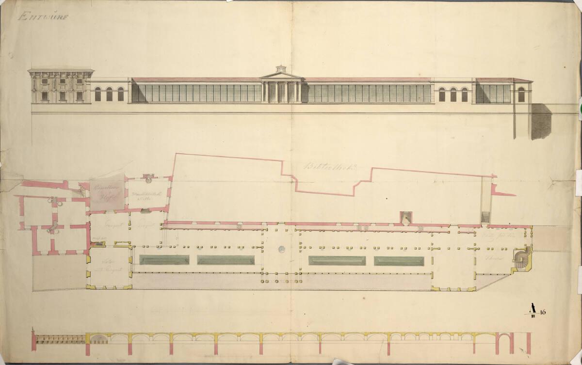Wien I, Hofburg, Augustinergangtrakt, Glashaus, Grundriss, Schnitt und Ansicht einer Alternativ…