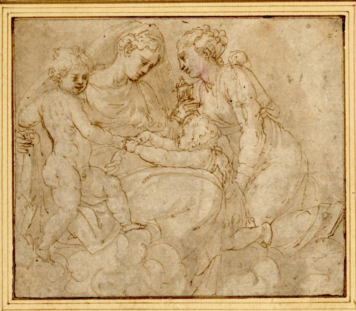 Anonym, Die Madonna mit dem Kind, dem heiligen Johannes und der heiligen Magdalena auf Wolken, …