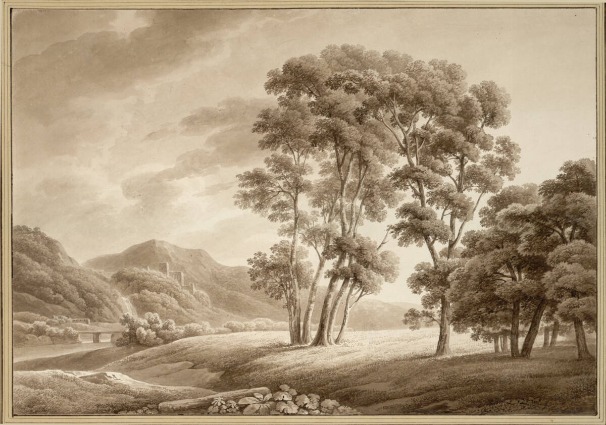 Landschaft mit Blick über eine baumbestandene Wiese auf eine Burgruine bei einem Wasserfall und einem Fluß mit einer Brücke, Joseph August Knip