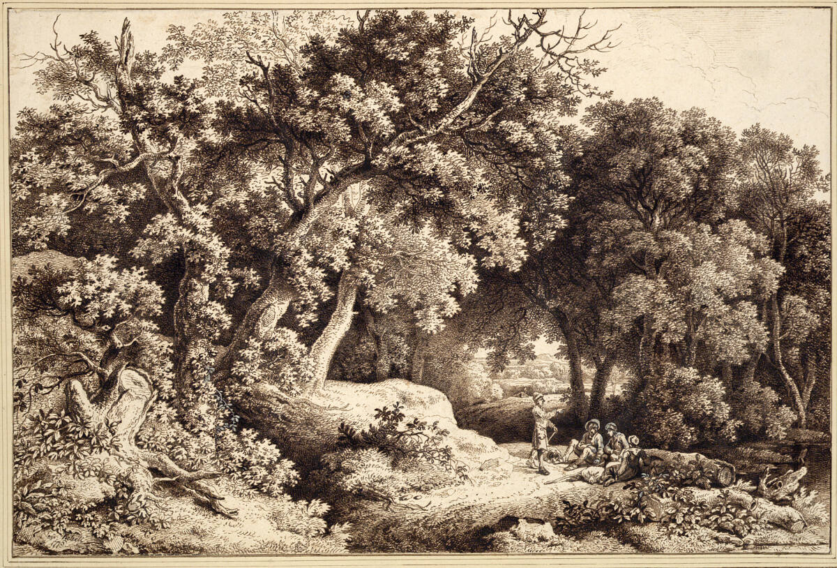 Baumlandschaft mit rastenden Bauern im Gespräch mit einem Wanderer, Ferdinand Kobell, 1776