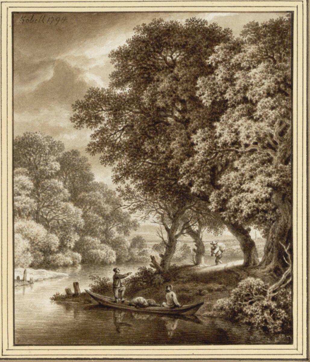 Ferdinand Kobell, Flusslandschaft mit hohen Bäumen und mit Männern beim Beladen eines Bootes, I…