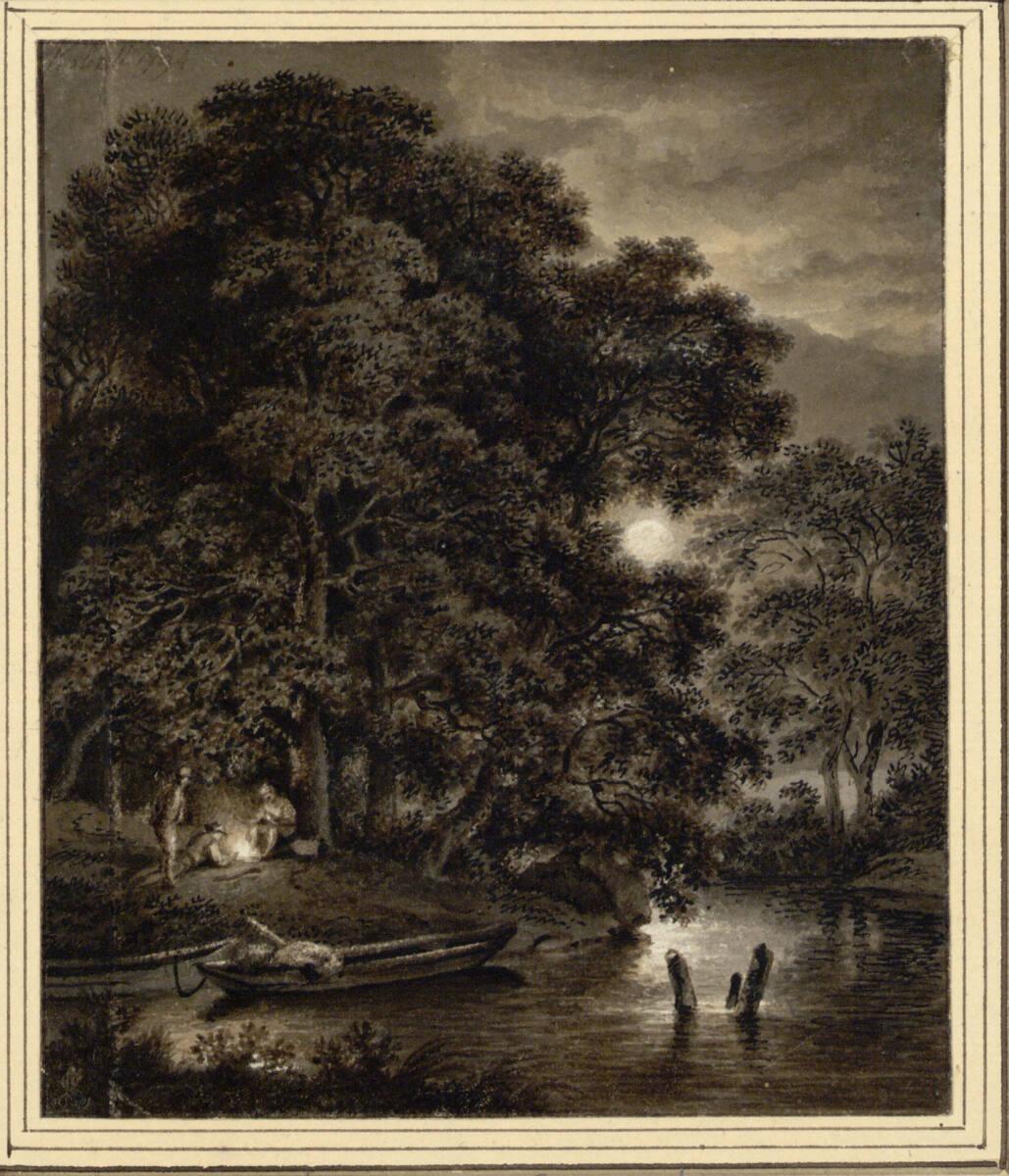 Ferdinand Kobell, Mondscheinlandschaft mit baumbestandener Flussbiegung und drei Männern um ein…
