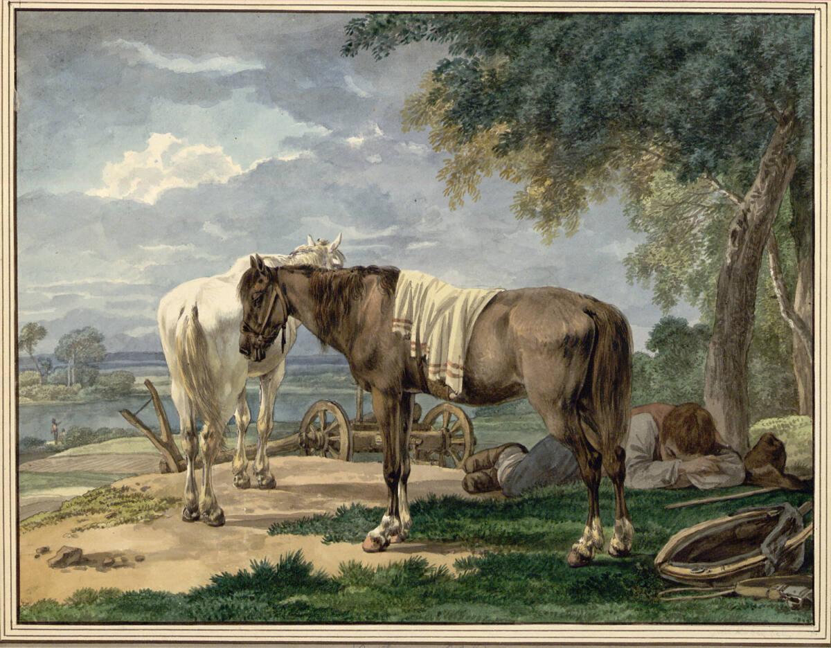 Wilhelm Alexander Wolfgang von  Kobell, Ein schlafender Bauer mit zwei Pferden, Inv. Nr.: 5667