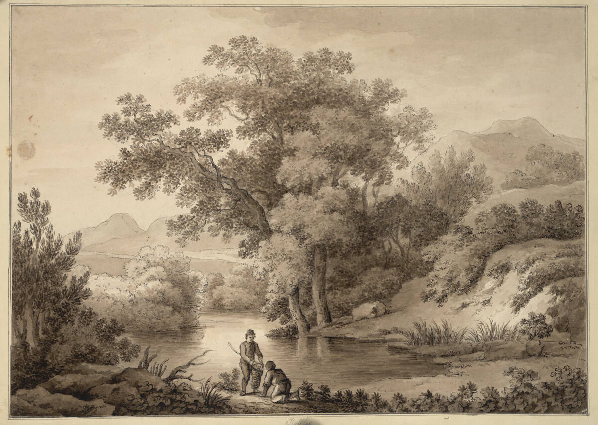 Landschaft mit baumbestandenem Ufer und fischenden Knaben, Nikolaus Kofler, 1804