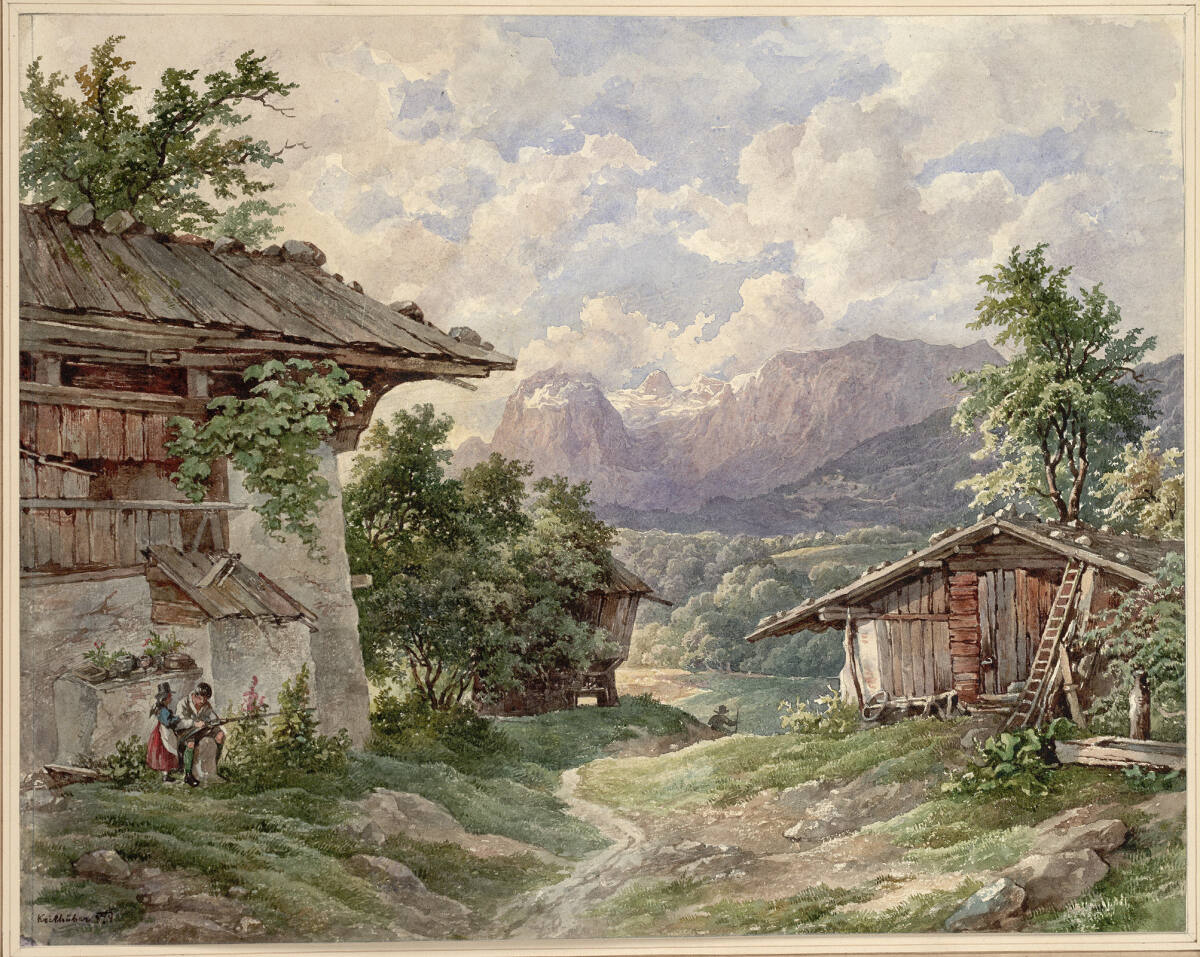 Alpenlandschaft mit drei Hütten, Josef Kriehuber