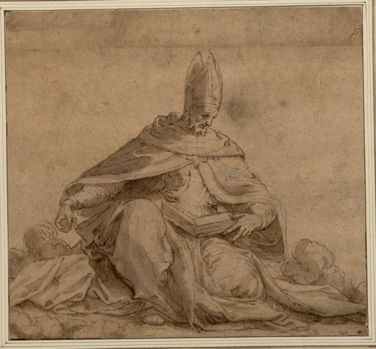 Sitzende Bischofsfigur mit geöffnetem Buch, Perino del Vaga