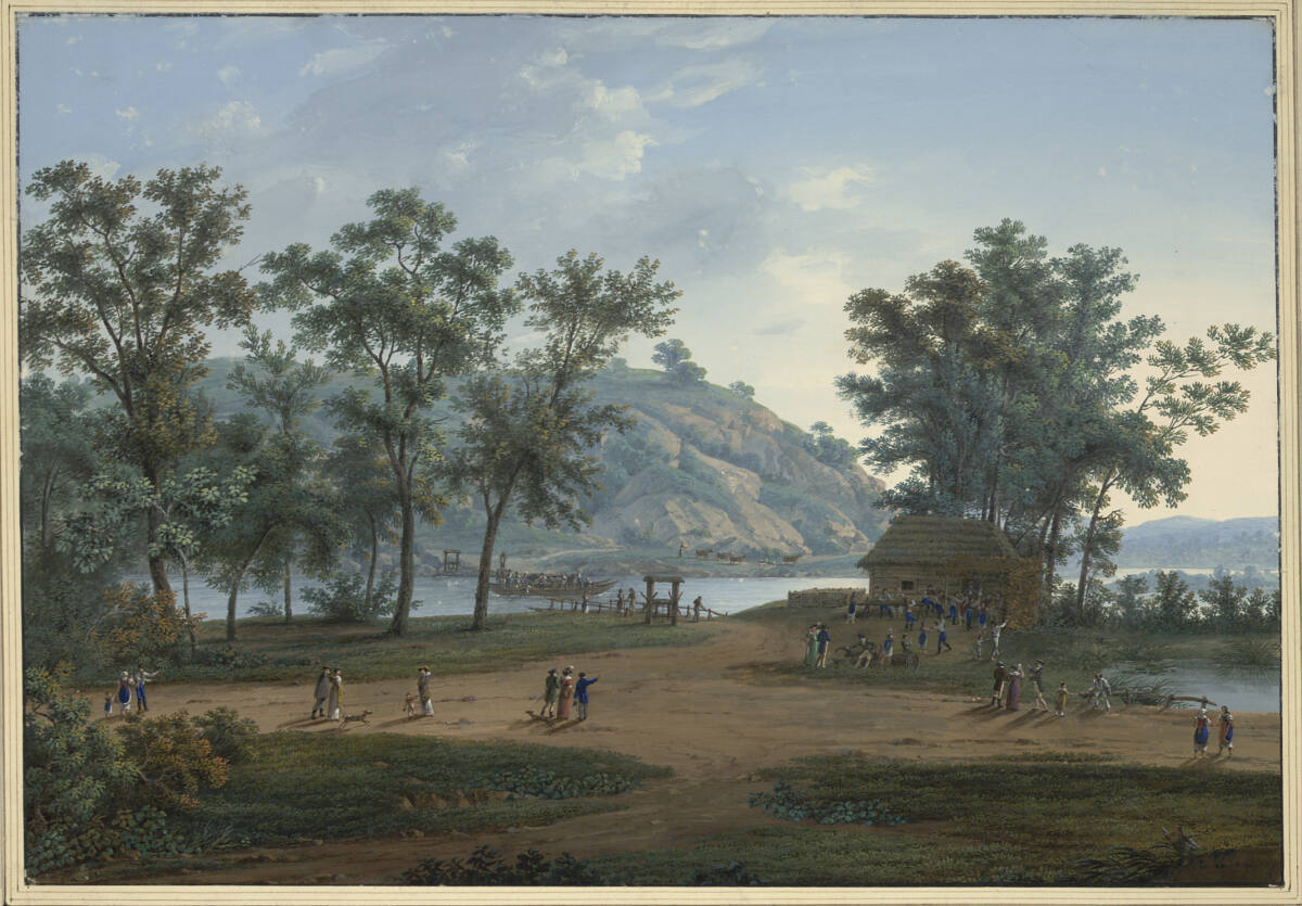 Weinschenke, Fähre über die Waag und Bergland gegenüber von Neutra, auf dem Töplitzer Weg bei Pistyan, XavierLaurent, 1818