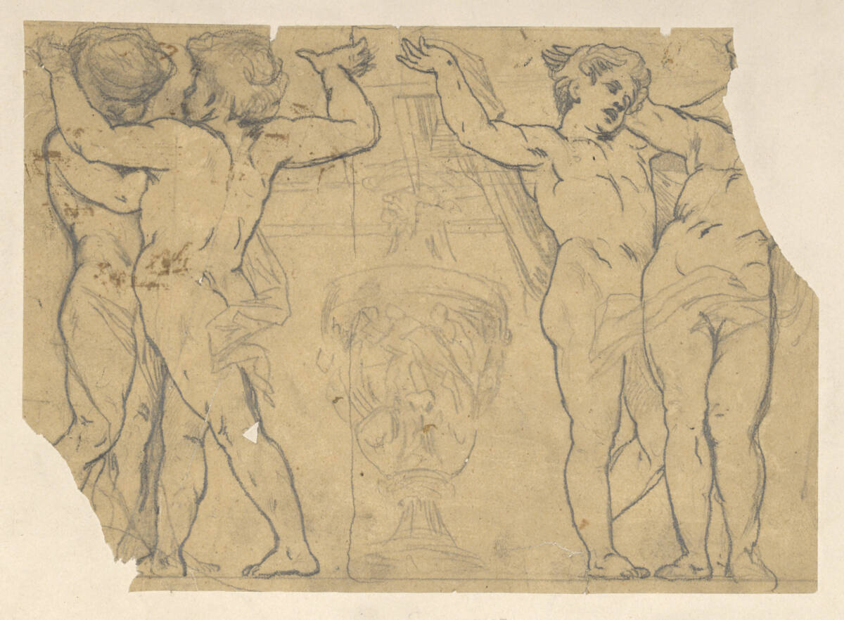 Vier Putten mit Vase (Detaillvorzeichnung für einen Entwurf zum Vorhang des Wiener Stadttheaters), Hans Makart