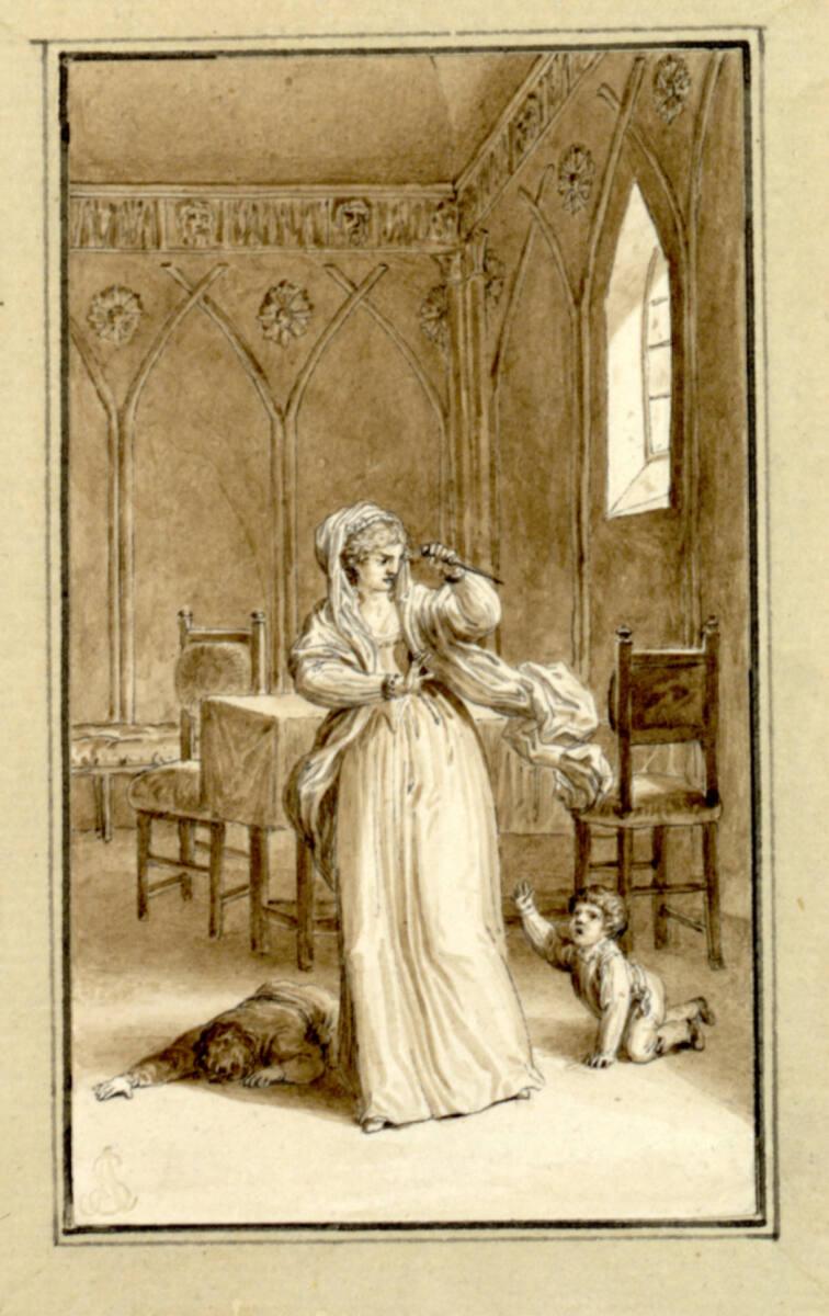 Jacob Wilhelm Mechau, "Fort Schlange !" (Theaterszene in gotisierender Dekoration: Dame mit ein…