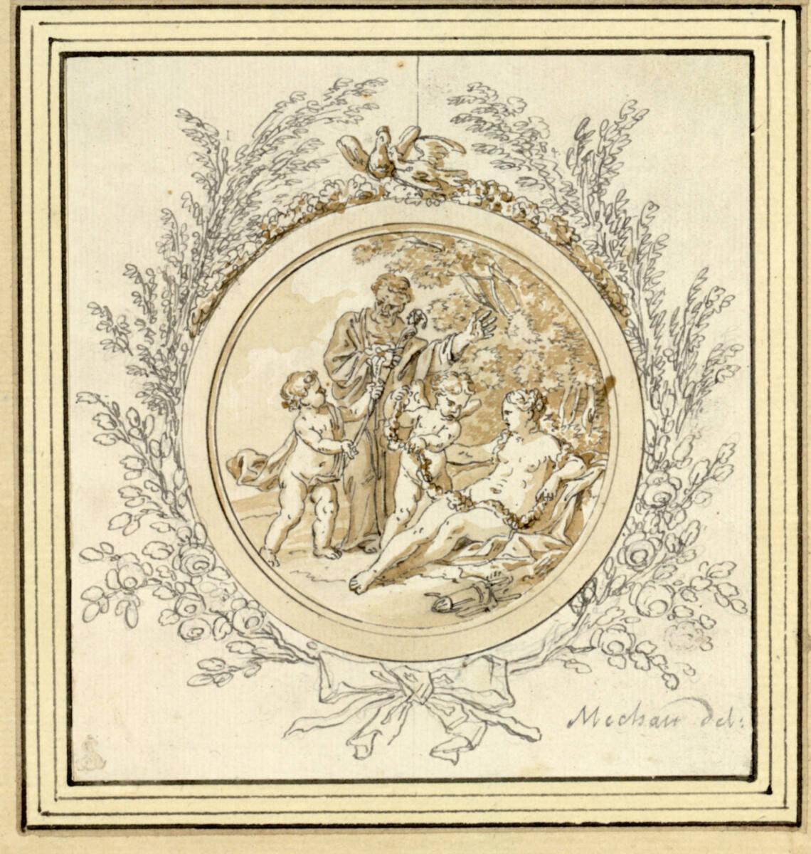 Jacob Wilhelm Mechau, Grußkarte zur Hochzeit (Venus und Amor, Momus und ein weiterer Putto), In…