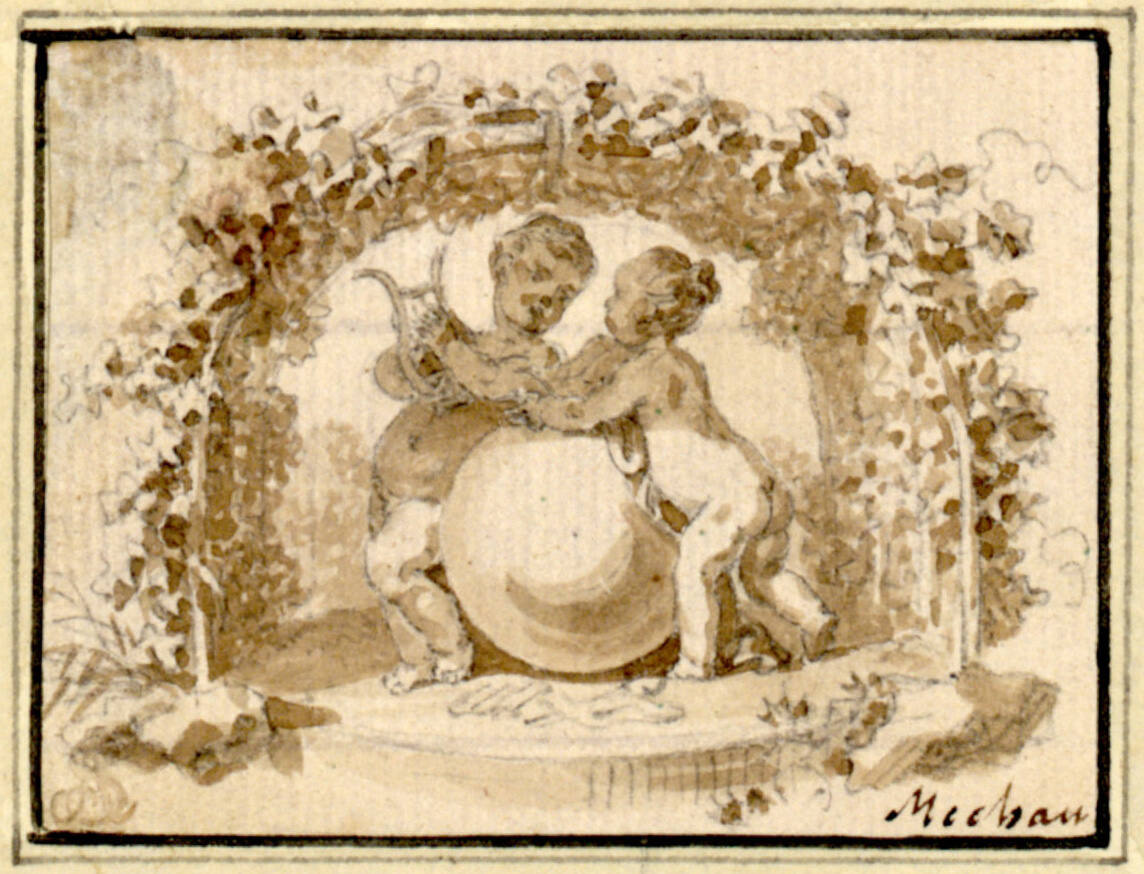 Puttenpaar mit Lyra, an eine große Kugel gelehnt, unter einer Blattlaube, Jacob Wilhelm Mechau